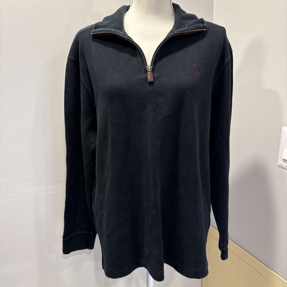 Polo Ralph Lauren Pullover Mens Large Navy Blue 1/4 Zip Leather Tab LS Logo